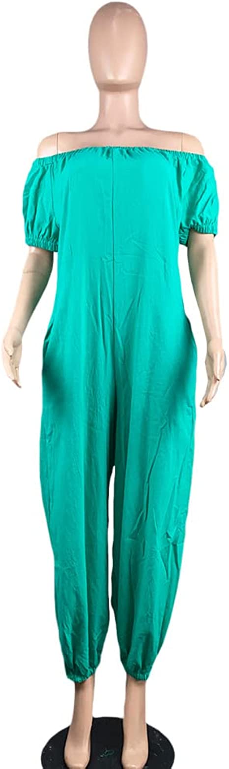 MESLIMA Women's Loose Fit Elastic Off Shoulder Beam Foot Long Sleeve Jumpsuit Rompers with Pockets Plus Size
