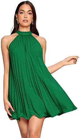 SweatyRocks Women's Casual Sleeveless Tie Back Halter Dress Mini Swing Pleated A-line Loose Dress