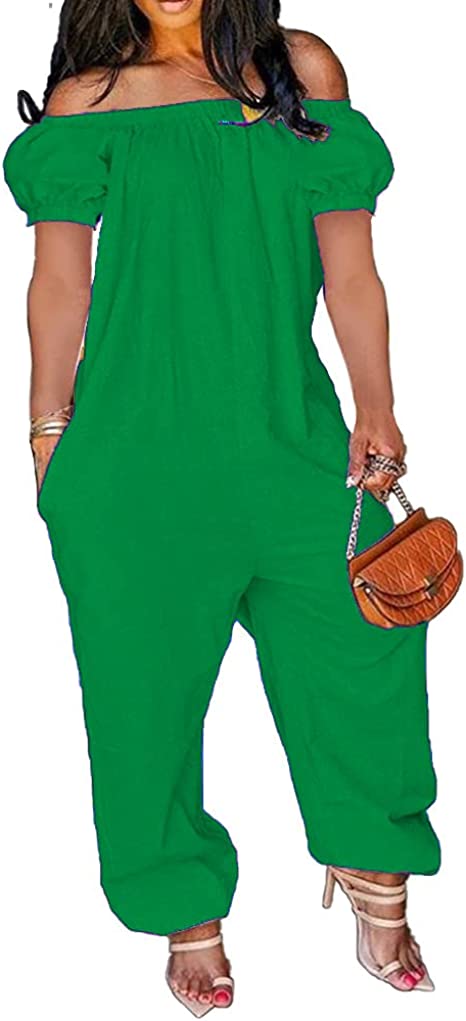 MESLIMA Women's Loose Fit Elastic Off Shoulder Beam Foot Long Sleeve Jumpsuit Rompers with Pockets Plus Size