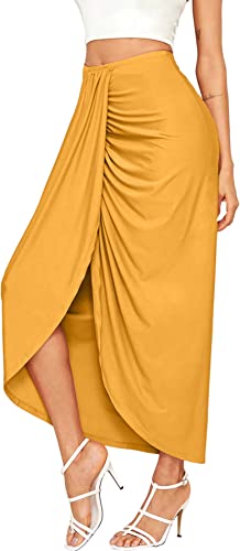 SheIn Women's Casual Slit Wrap Asymmetrical Elastic High Waist Maxi Draped Skirt