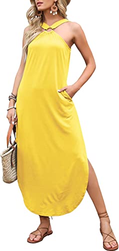 ANRABESS Women's Summer Casual Criss Cross Sundress Sleeveless Split Maxi Long Beach Dress with Pockets