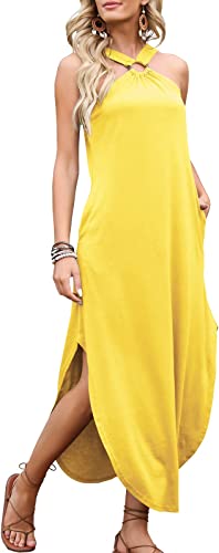 ANRABESS Women's Summer Casual Criss Cross Sundress Sleeveless Split Maxi Long Beach Dress with Pockets