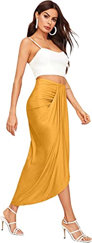 SheIn Women's Casual Slit Wrap Asymmetrical Elastic High Waist Maxi Draped Skirt