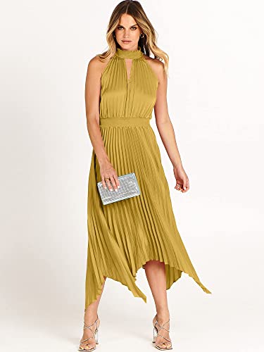 ANRABESS Women's Sleeveless Cutout Halter Neck Satin Formal Dress Smocked Pleated Asymmetric Party Cocktail Maxi Dress