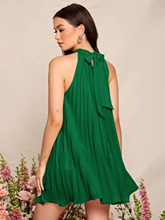 SweatyRocks Women's Casual Sleeveless Tie Back Halter Dress Mini Swing Pleated A-line Loose Dress