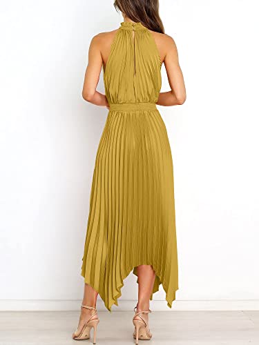 ANRABESS Women's Sleeveless Cutout Halter Neck Satin Formal Dress Smocked Pleated Asymmetric Party Cocktail Maxi Dress