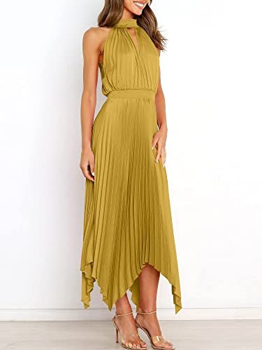 ANRABESS Women's Sleeveless Cutout Halter Neck Satin Formal Dress Smocked Pleated Asymmetric Party Cocktail Maxi Dress