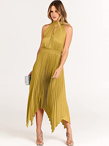 ANRABESS Women's Sleeveless Cutout Halter Neck Satin Formal Dress Smocked Pleated Asymmetric Party Cocktail Maxi Dress