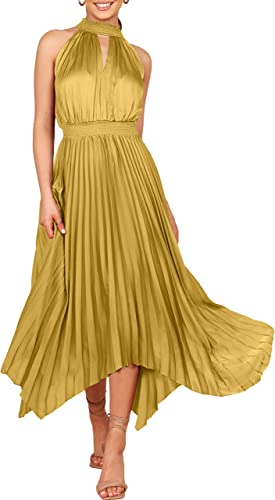 ANRABESS Women's Sleeveless Cutout Halter Neck Satin Formal Dress Smocked Pleated Asymmetric Party Cocktail Maxi Dress