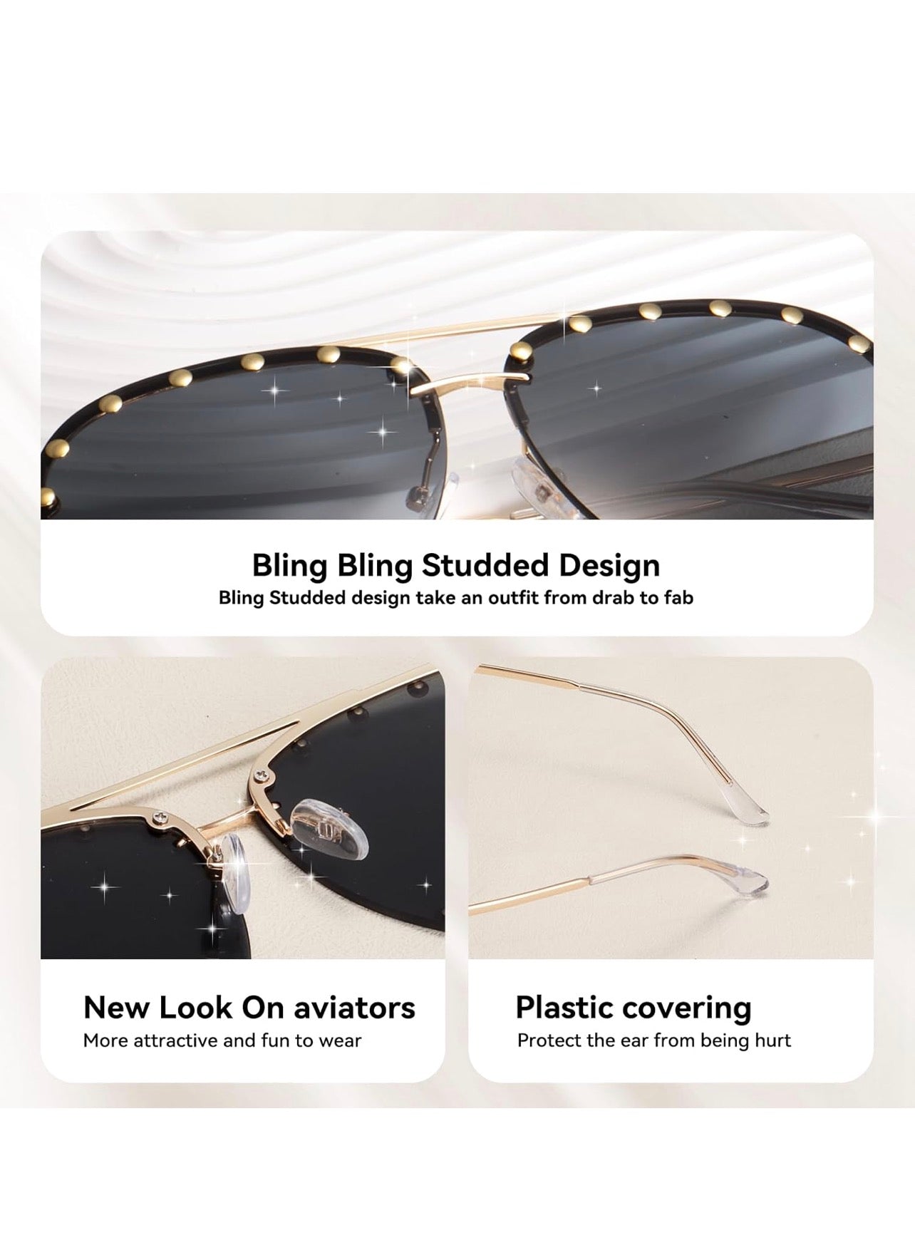 Dollger Studded Sunglasses for Women Fashion Studded Aviator Sunglasses Metal Frame UV 400