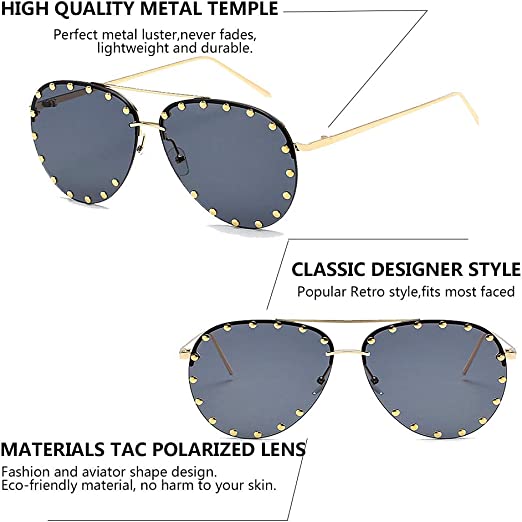 BVAGSS Women Rimless Oversized Studded Sunglasses Gradient Lens Rivet Fashion WS027