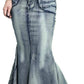 LISUEYNE Women's Casual Stretch Waist Washed Denim Ruffle Fishtail Skirts Long Jean Skirt