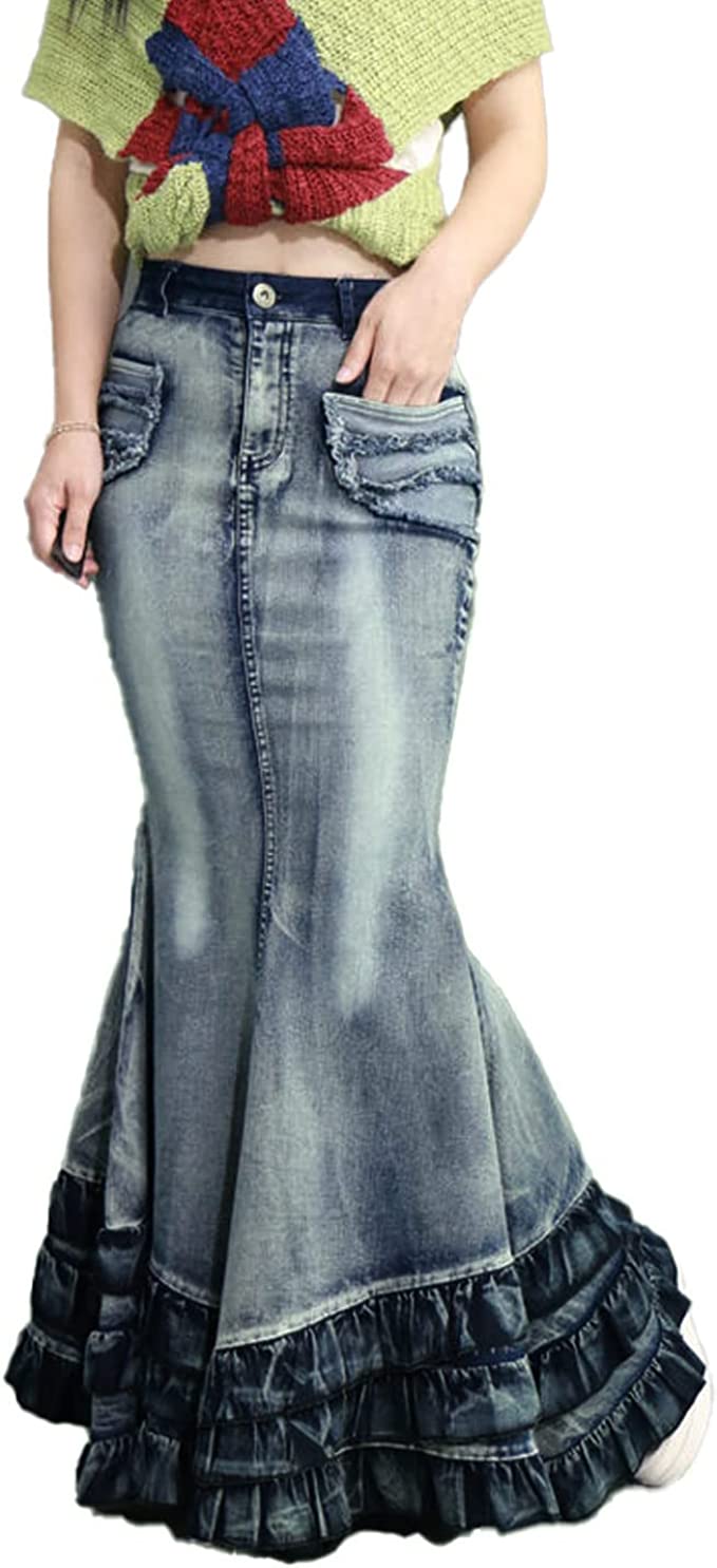 LISUEYNE Women's Casual Stretch Waist Washed Denim Ruffle Fishtail Skirts Long Jean Skirt