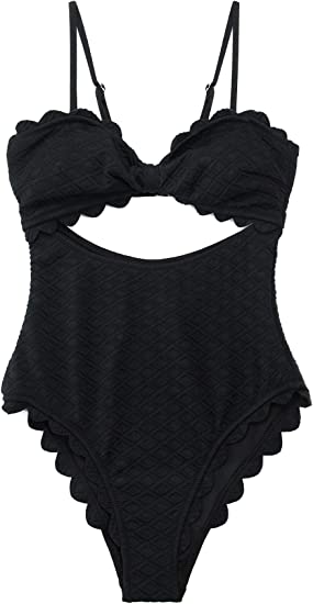 CUPSHE Women's One Piece Swimsuit Sexy Black Cutout Scallop Trim Bathing Suit