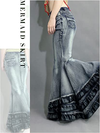 LISUEYNE Women's Casual Stretch Waist Washed Denim Ruffle Fishtail Skirts Long Jean Skirt