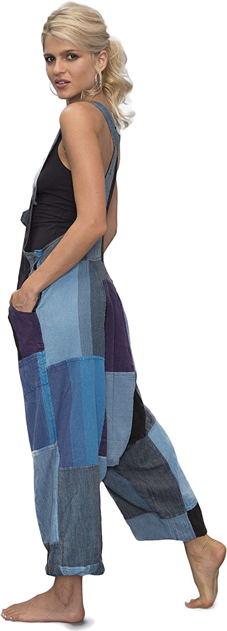 manakamana Patchwork Harem Summer Overalls with Pockets - Boho Loose Jumpsuit - Low Crouch Baggy Romper - 100% Cotton