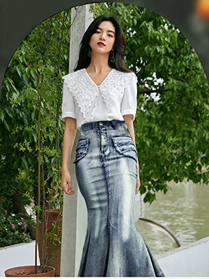LISUEYNE Women's Casual Stretch Waist Washed Denim Ruffle Fishtail Skirts Long Jean Skirt