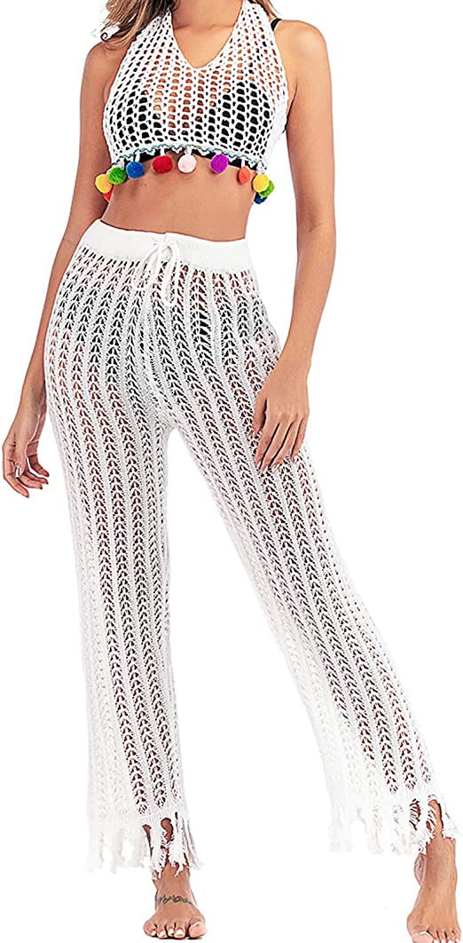 JUDYBRIDAL Women's Crochet Hollow Out Beach Pants Knitted Swimsuit Cover Up for Swimwear Mesh Bikini Bottom