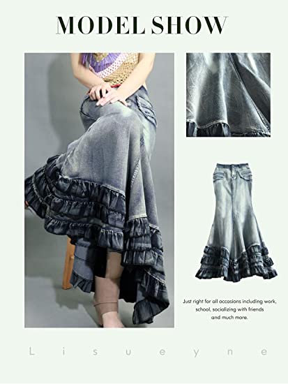 LISUEYNE Women's Casual Stretch Waist Washed Denim Ruffle Fishtail Skirts Long Jean Skirt