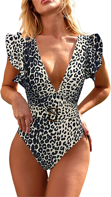 Avanova Women's One Piece Swimsuit Ruffle Deep V Neck Strappy Swimwear Bathing Suits