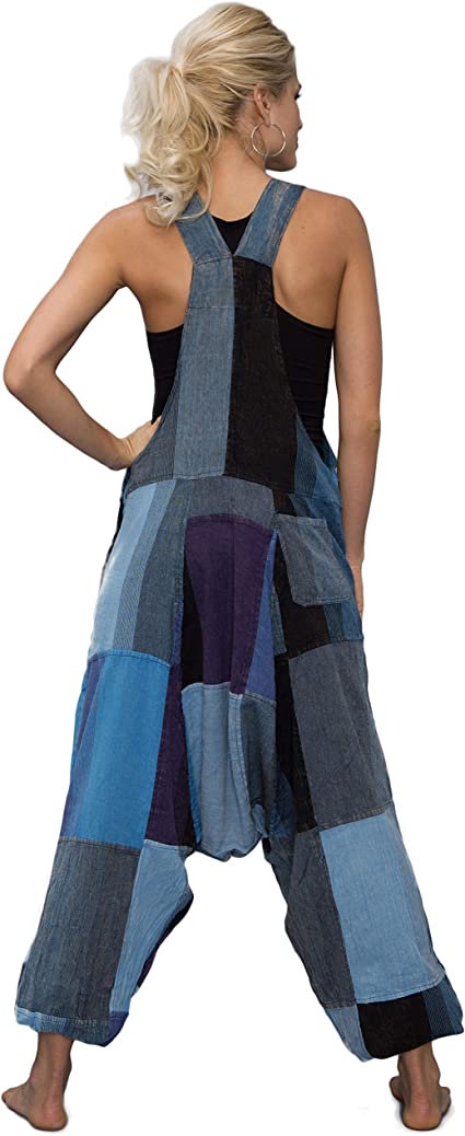 manakamana Patchwork Harem Summer Overalls with Pockets - Boho Loose Jumpsuit - Low Crouch Baggy Romper - 100% Cotton