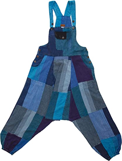 manakamana Patchwork Harem Summer Overalls with Pockets - Boho Loose Jumpsuit - Low Crouch Baggy Romper - 100% Cotton