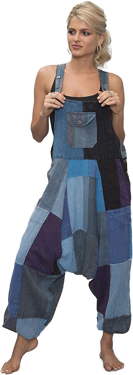 manakamana Patchwork Harem Summer Overalls with Pockets - Boho Loose Jumpsuit - Low Crouch Baggy Romper - 100% Cotton